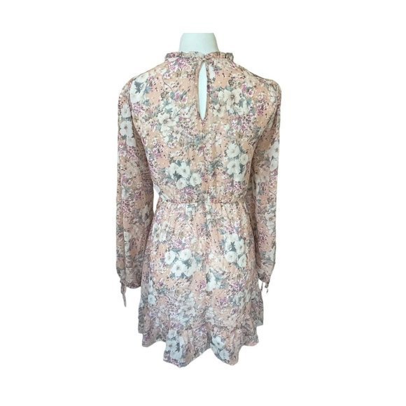 Peach Love California Floral High Neck Long Sleeve Mini Dress Medium - Picture 3 of 13